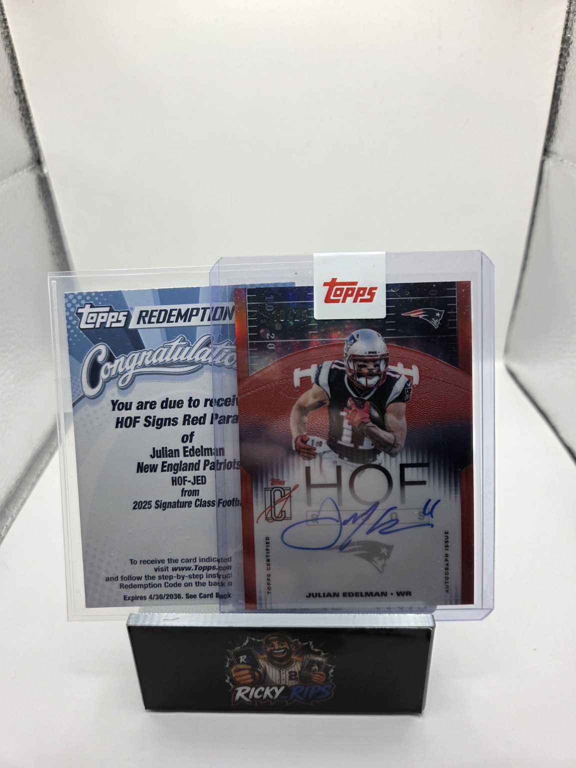 2025 Topps Signature Class Julian Edelman HOF Signs Red /25 Auto + Original Redemption Card
