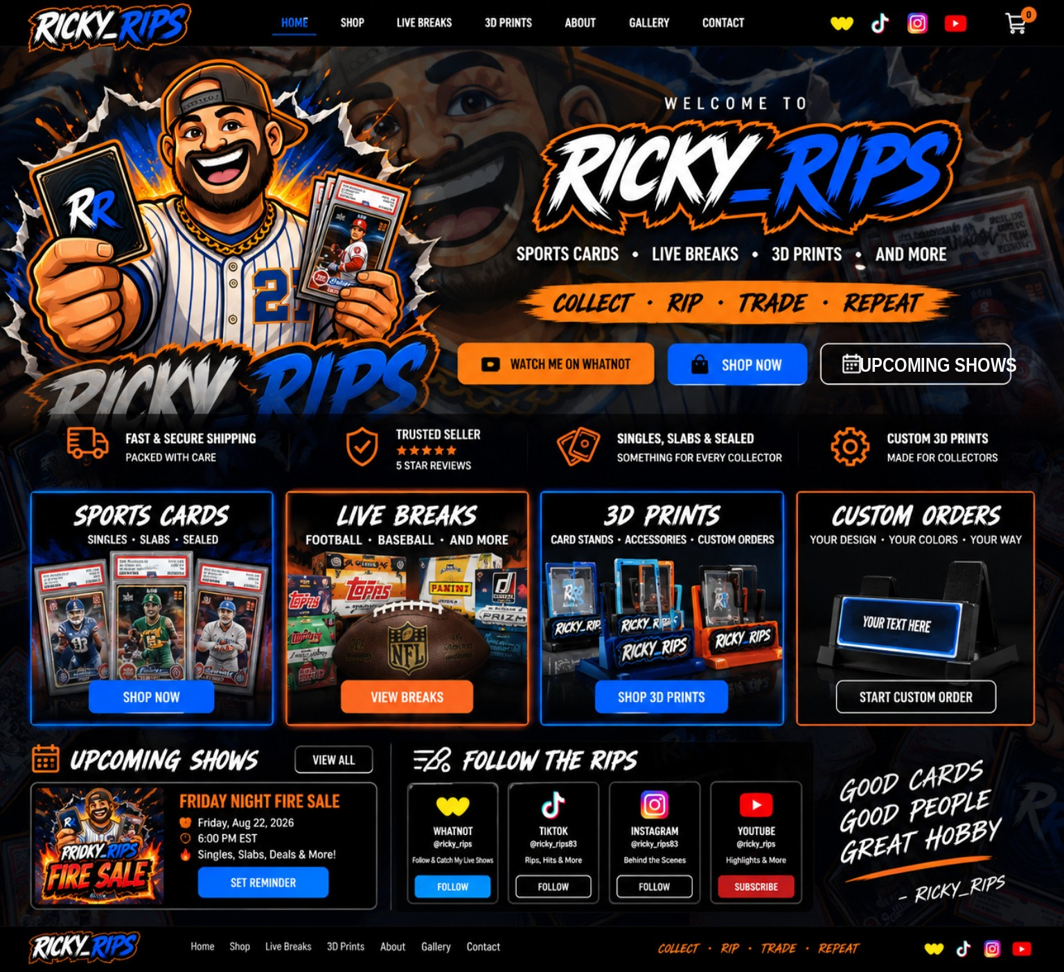 Ricky_Rips sports cards, live breaks, 3D prints, custom orders, upcoming shows, and social links